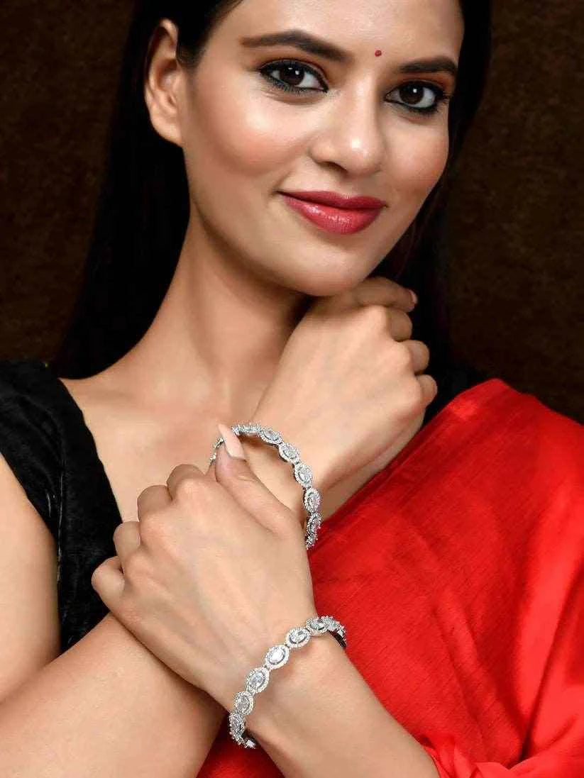 Set of 2 Silver Plated American Diamond Stone Studded Handcrafted Bangles (AD-0013) AD Bangles T4 Jewels