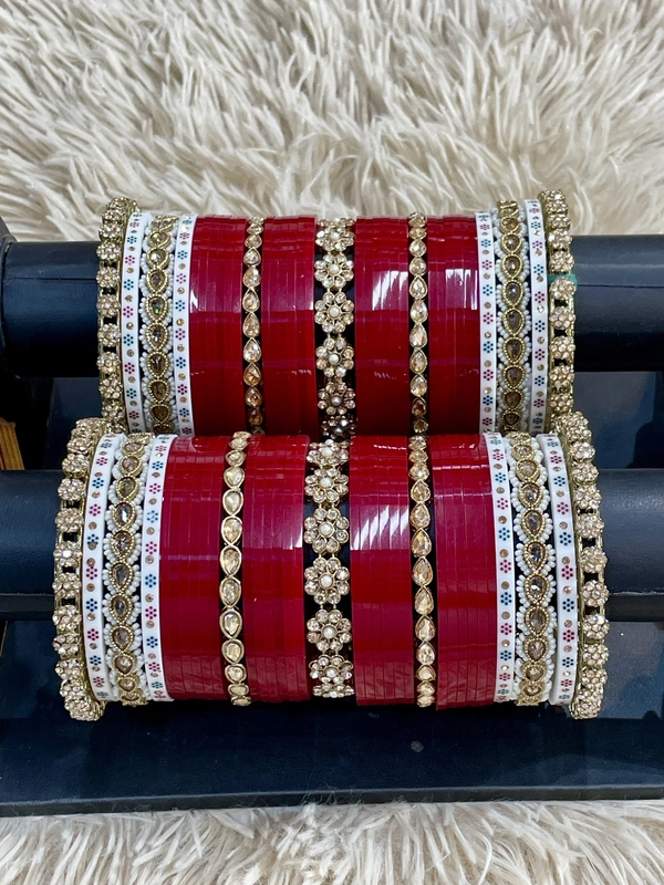 Exquisite Maroon & Gold Traditional Bridal Chuda Set – Handcrafted Punjabi Wedding Bangles with Stone-Studded Floral Accents