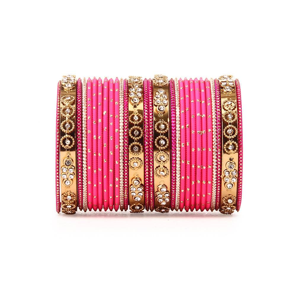 Traditional Bangle Set With Golden Dotted Bangles BY T4 Jewels Pink All Bangle Sets T4 Jewels