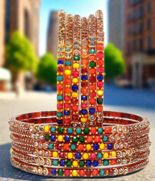 T4 Jewels (Large Size) Red & MultiColor Glass Bangles (Pack Of 12)-ARCL Multi Large Size Bangles T4 Jewels