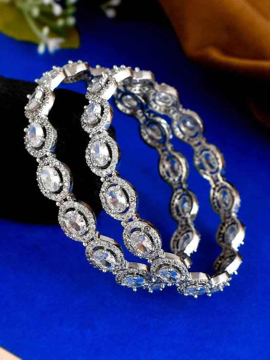 Set of 2 Silver Plated American Diamond Stone Studded Handcrafted Bangles (AD-0013) AD Bangles T4 Jewels