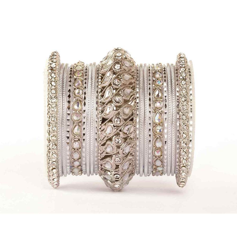 Traditional All Kundan Bangle Set For One Hand All Silver All Bangle Sets T4 Jewels