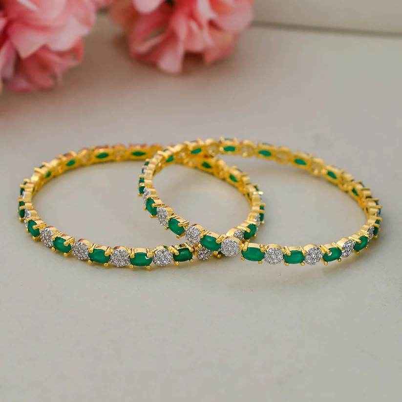 Set of 2 Emerald Green AD Handcrafted Classic Bangles (AD-0015) AD Bangles T4 Jewels
