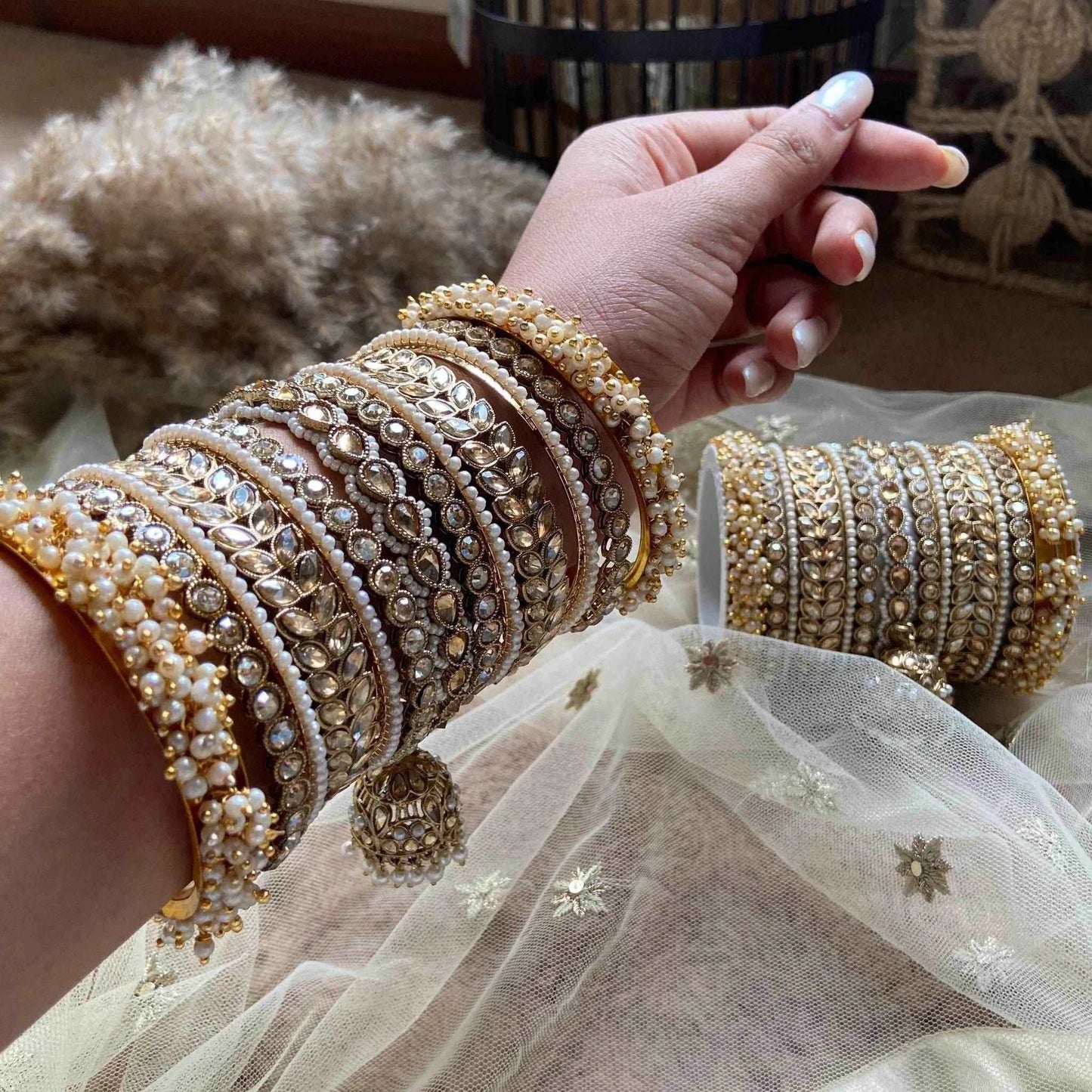 KAREENA Silver Color Pearl & Kundan Bangle Set Bangle Sets T4 Jewels