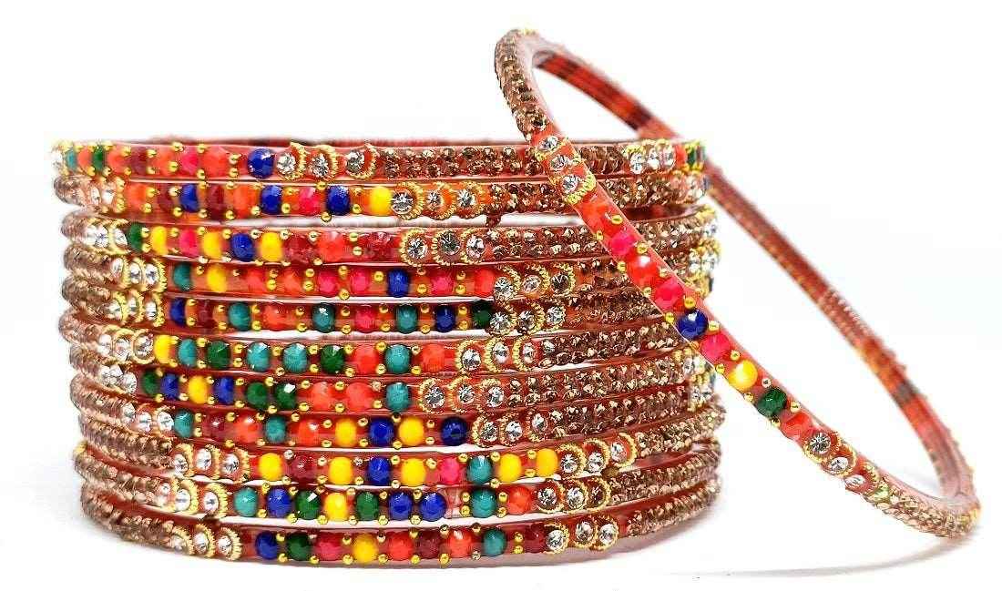 T4 Jewels (Large Size) Red & MultiColor Glass Bangles (Pack Of 12)-ARCL Large Size Bangles T4 Jewels