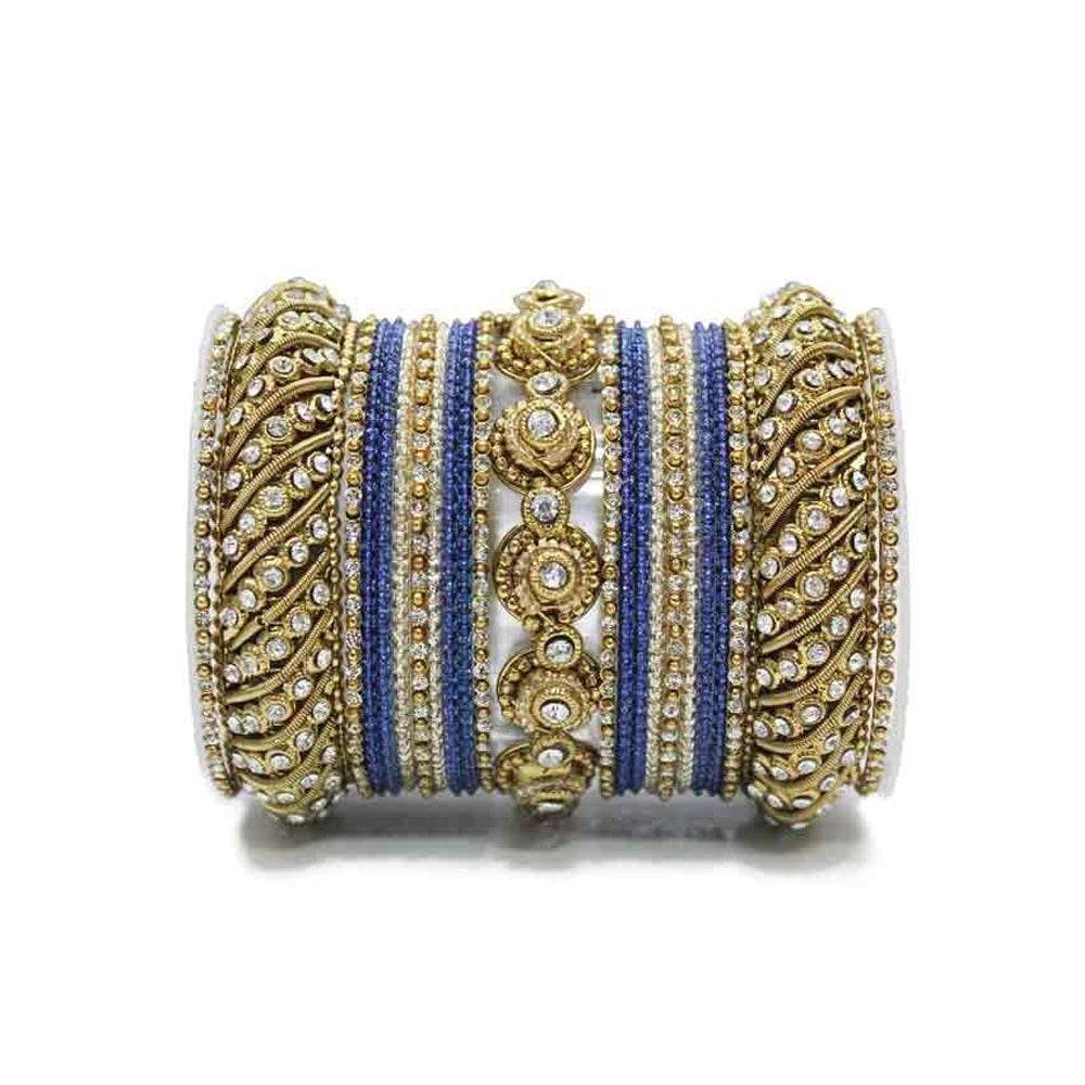 Traditional Colored Textured Bangle Set For Single Hand Golden-Blue All Bangle Sets T4 Jewels
