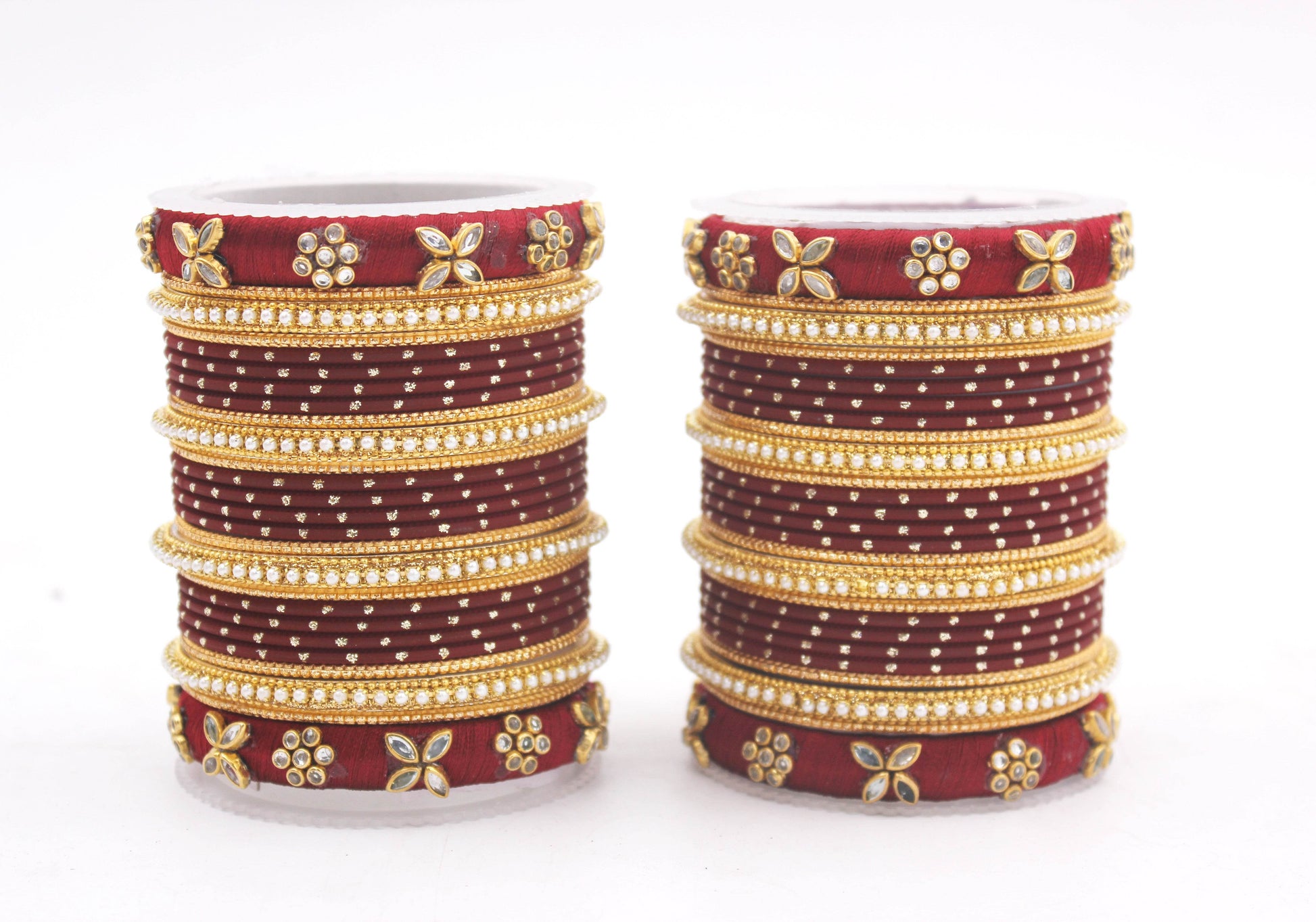Set of 2 Bangle sets with Thread Bangles with floral Design Maroon All Bangle Sets T4 Jewels