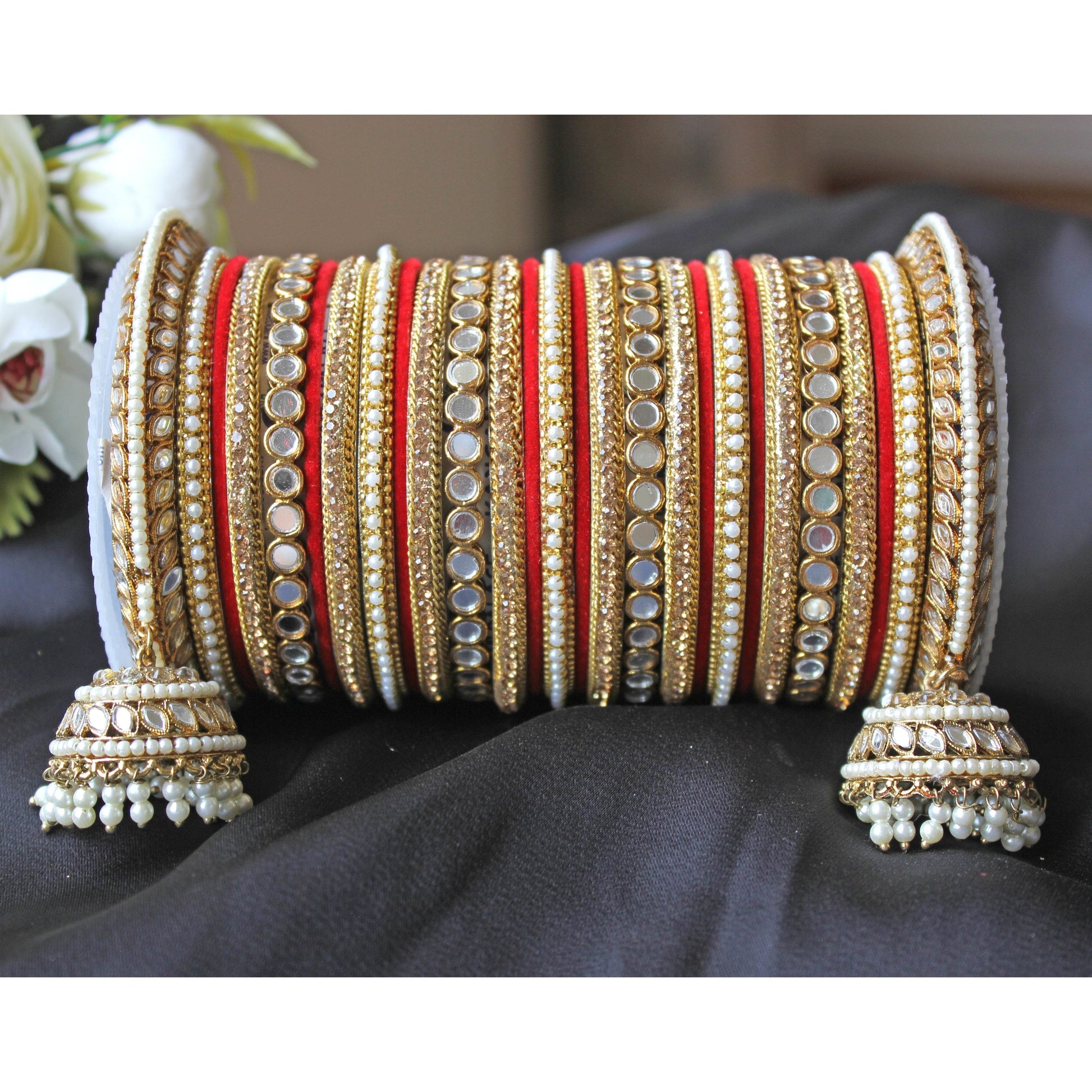 Bridal Mirror Bangle Set with Jhumki by T4 Jewels Red All Bangle Sets T4 Jewels