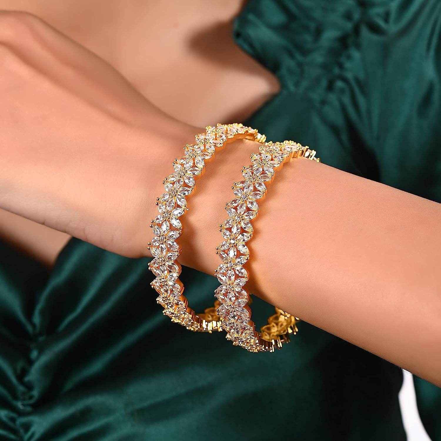 Trending American Diamond Gold Plated Bangle Kada Set For Women & Girls (Set Of 2) AD Bangles T4 Jewels