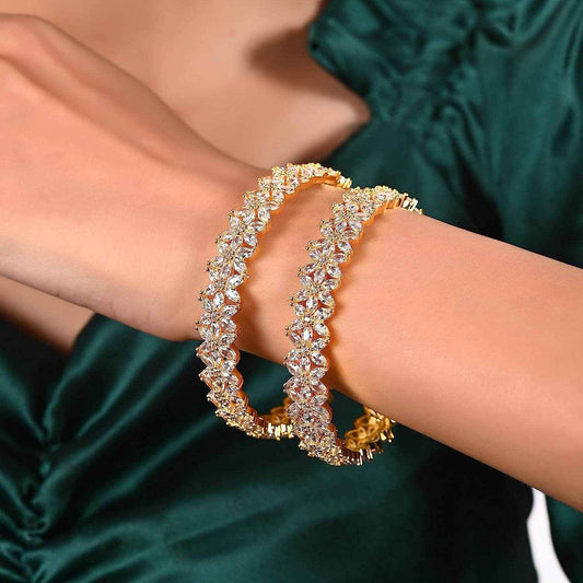 Trending American Diamond Gold Plated Bangle Kada Set For Women & Girls (Set Of 2) AD Bangles T4 Jewels