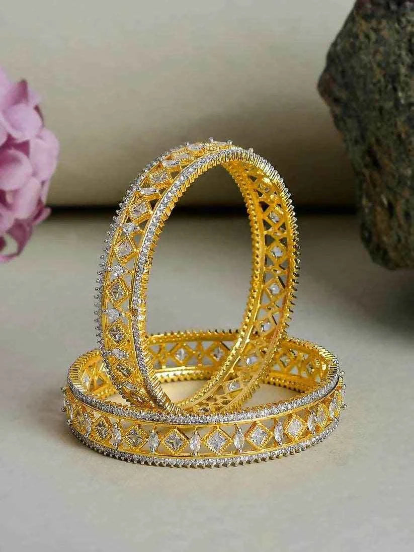 Set of 2 AD Gold Plated Kada Bangles for Women (AD-0017) AD Bangles T4 Jewels