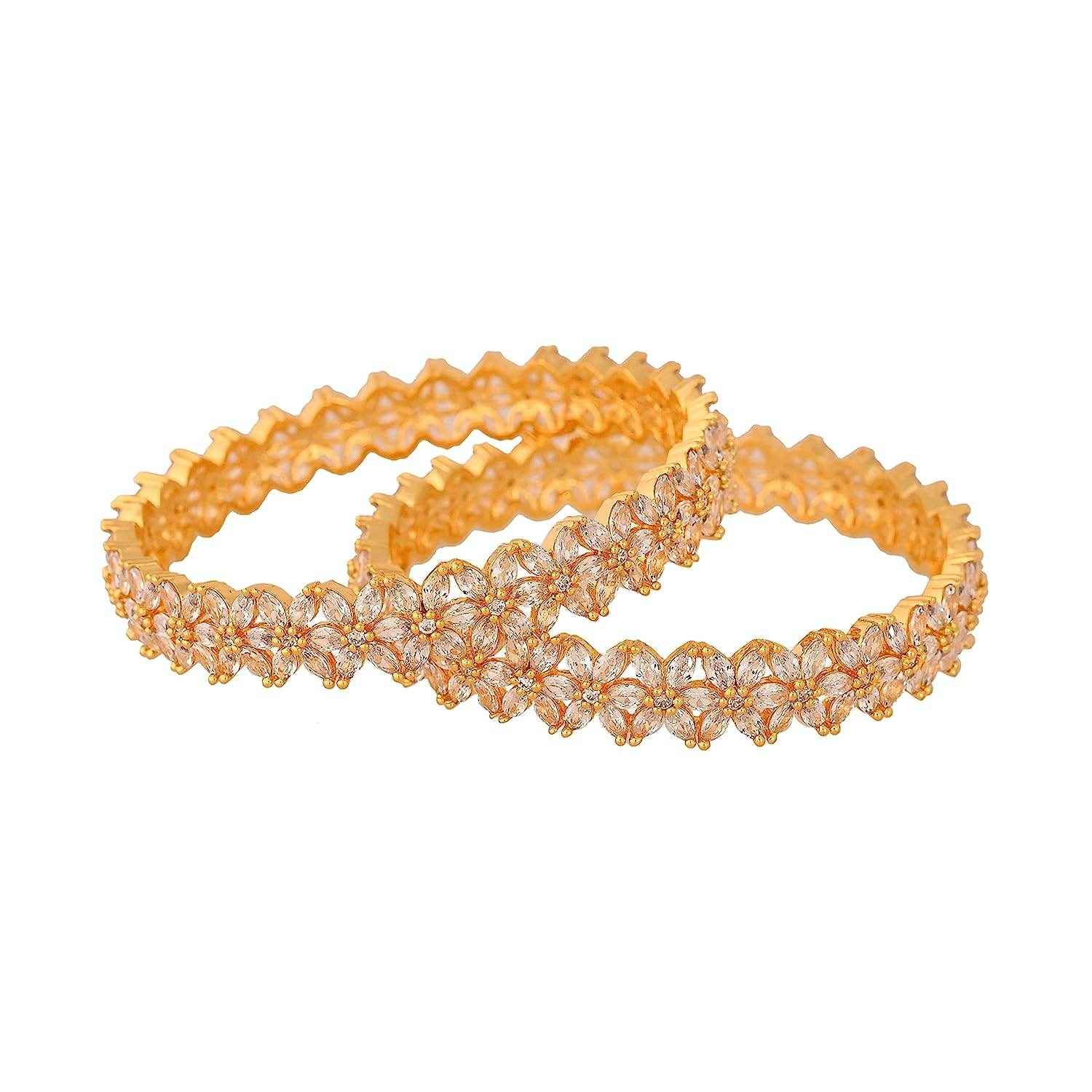 Trending American Diamond Gold Plated Bangle Kada Set For Women & Girls (Set Of 2) AD Bangles T4 Jewels