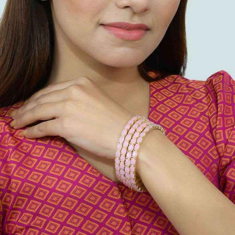 Set Of Four Gold Plated Pink American diamond Handmade Ethnic bangle for women (AD-0018) AD Bangles T4 Jewels