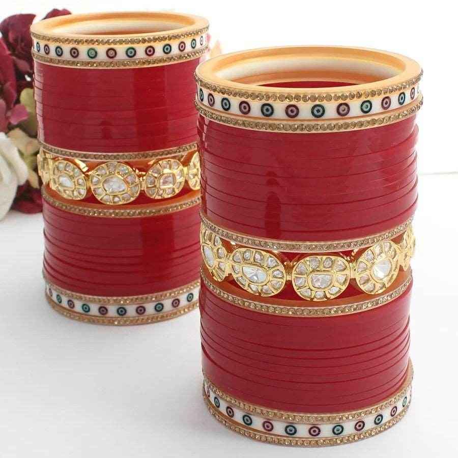 T4 Jewels Red Bridal Chuda With Circle Design Golden Kada -Availbale In All Sizes (CH18Z) Bridal Chuda T4 Jewels
