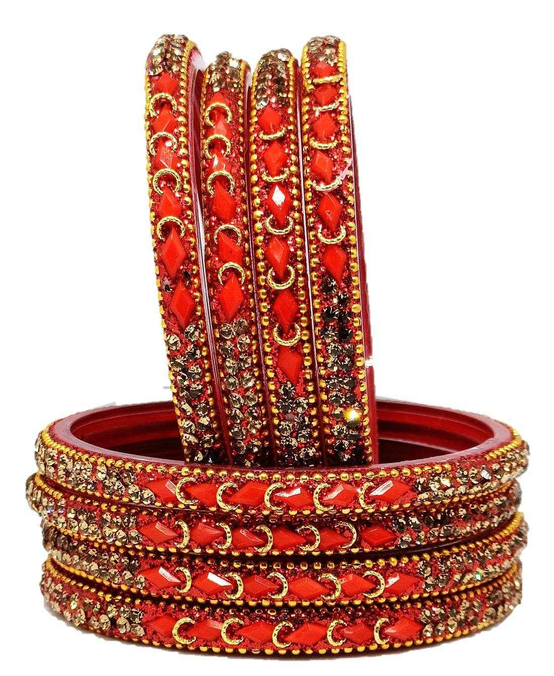 T4 Jewels (Large Size) Red, Green MultiColor Glass Kada Bangles (Pack Of 8)-NLKNTH Red Large Size Bangles T4 Jewels