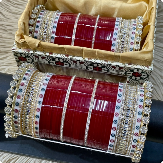 T4 Jewels ✨ Traditional Red Chura Set with Multi-Color Round Stones 💎-11H