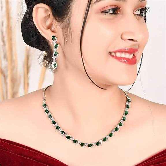 T4 Jewels Green Color American Diamond Necklace Necklaces T4 Jewels