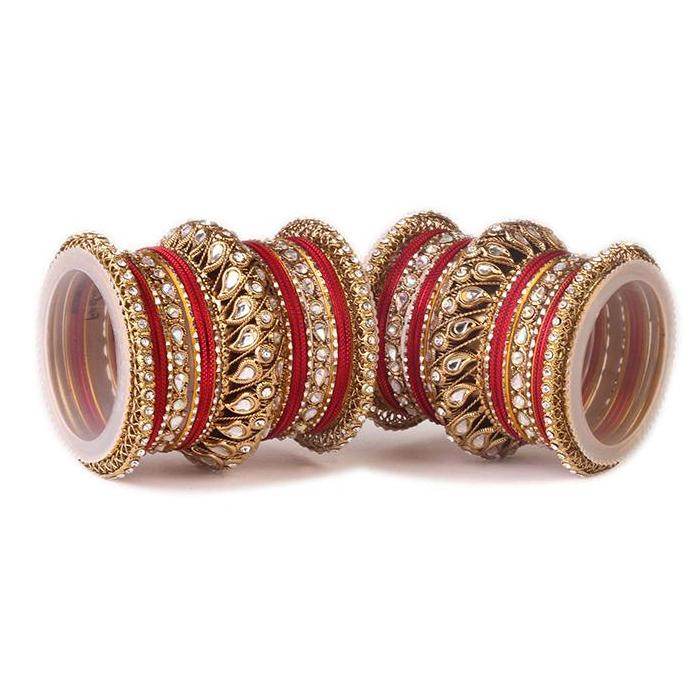 Set of 2 Kundan Bangle Set With Chakri Kada Red All Bangle Sets T4 Jewels