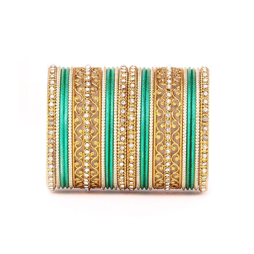 Intricate Bracelet With Running Stone Work And Shinning Bangle Set Dark Green All Bangle Sets T4 Jewels