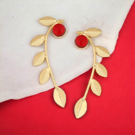 Matte Gold Finish Leaf design Earrings Red T4 Jewels