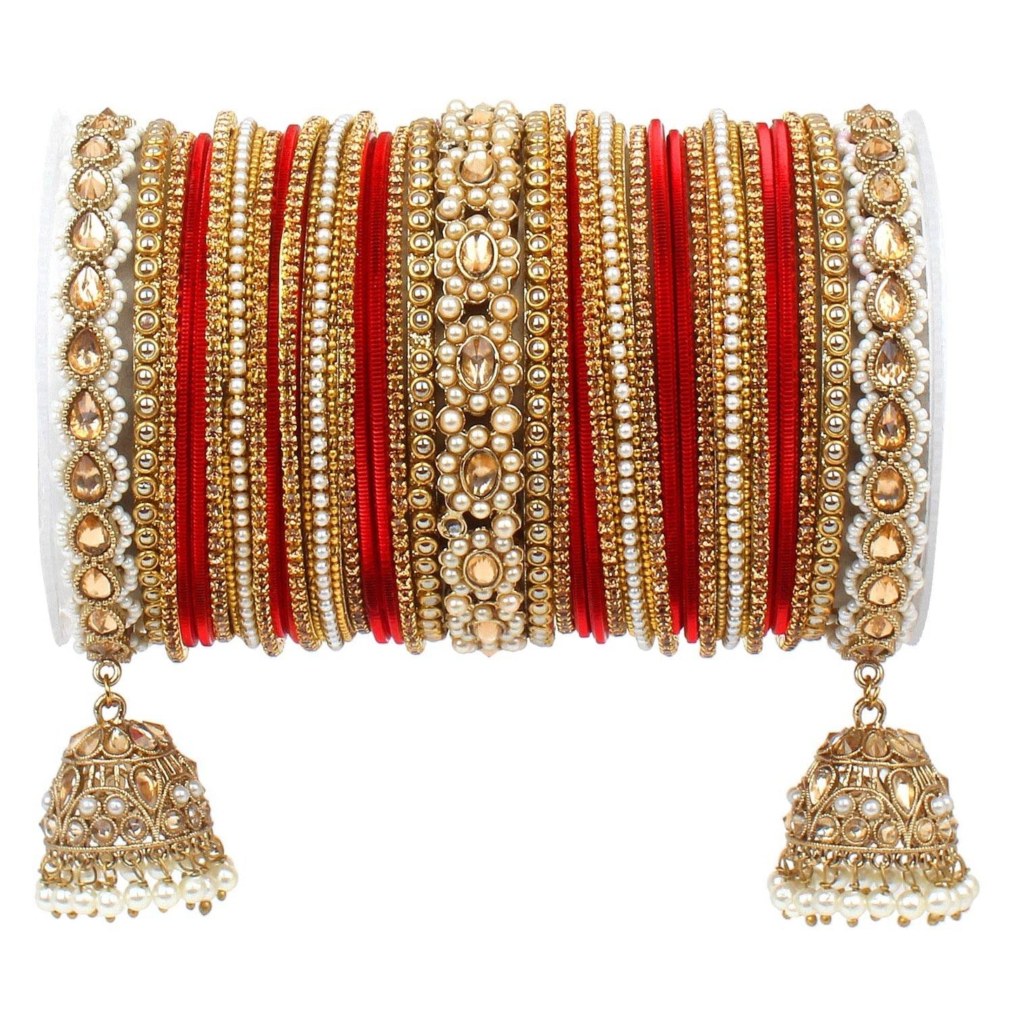 Rich Texture bangle set with Jhumki Borders by T4 Jewels for One Hand Red All Bangle Sets T4 Jewels