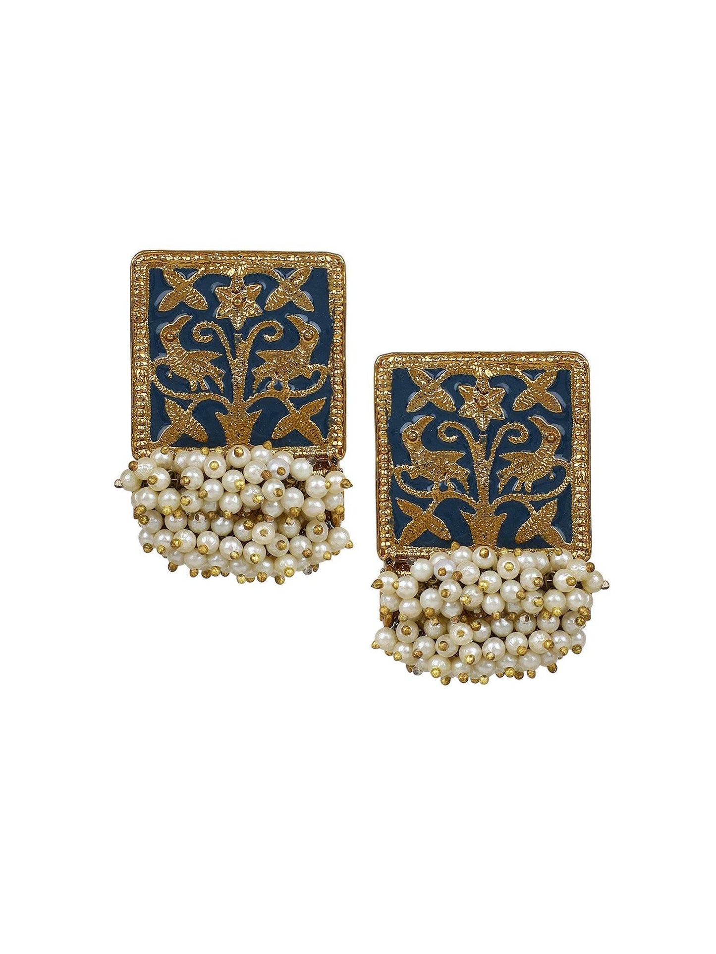 Enamel Earring with Gajra Pearl Border by T4 Jewels Blu T4 Jewels