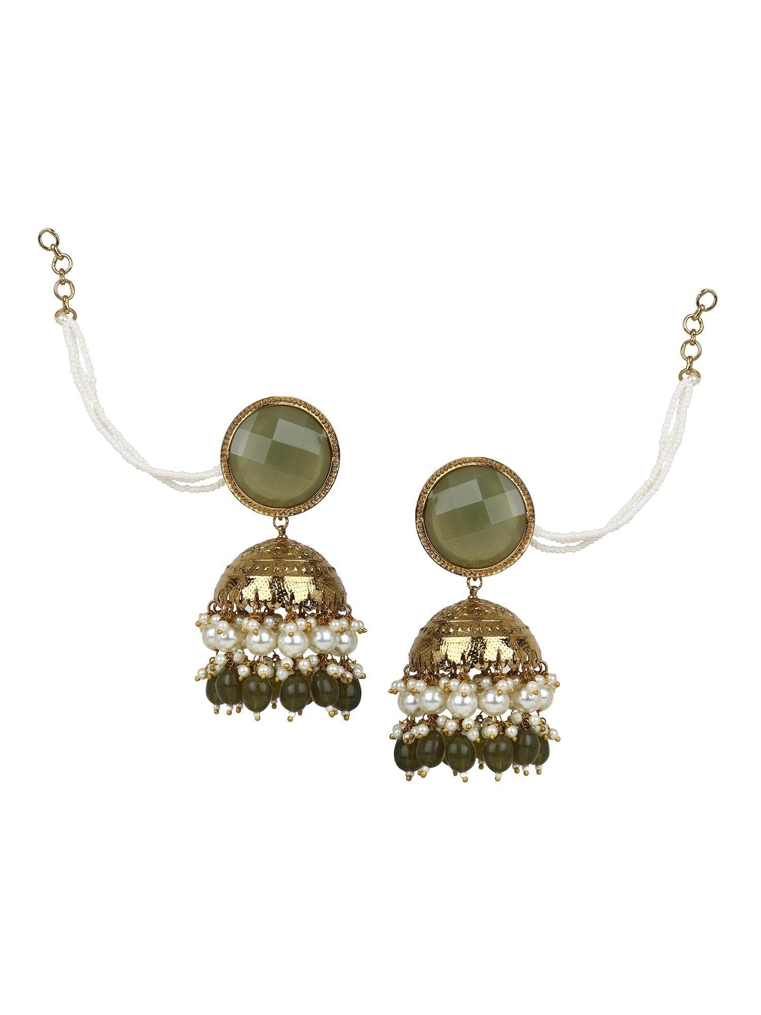 Coloured Kundan Jhumki Earring with hanging beads by T4 Jewels Olive Green T4 Jewels