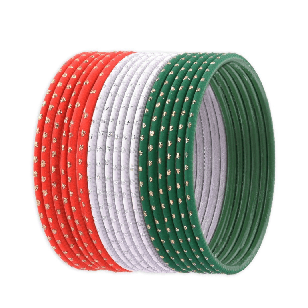 T4 Jewels Dotted Tricolor Bangle Set (Pack Of 18) Tricolor Bangles T4 Jewels