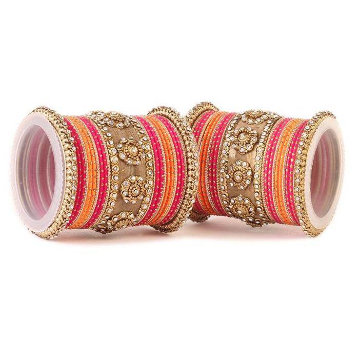 Set of 2 Traditional Jaali Work Multi-Colored Bangle Set Rose Orange All Bangle Sets T4 Jewels