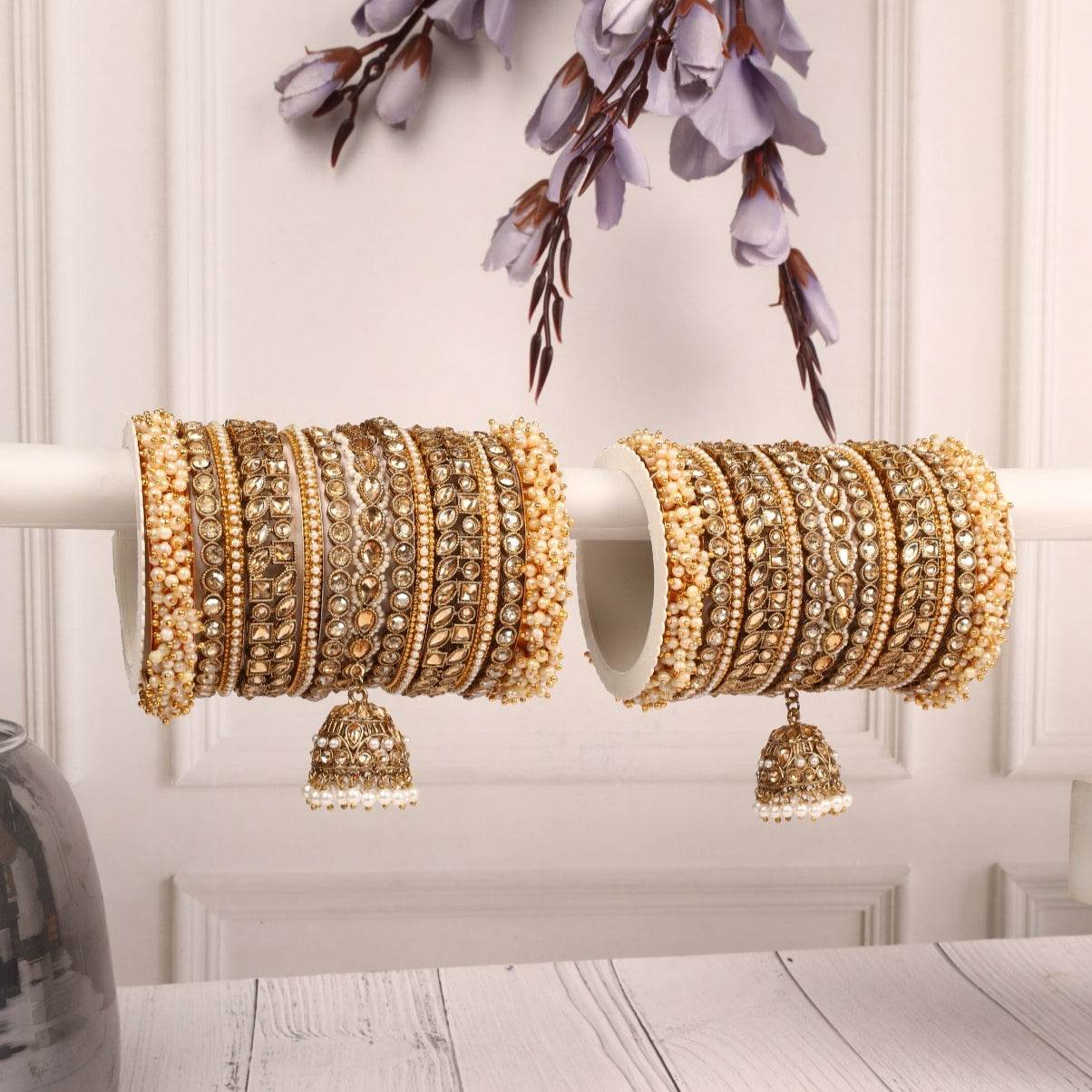 Bridal Stone Bangle Set with Jhumki by T4 Jewels Golden All Bangle Sets T4 Jewels