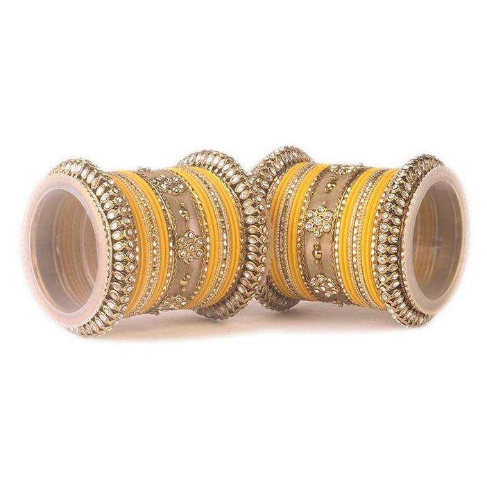 Set of 2 Traditional Matte Finish Kundan Bangle Set Yellow All Bangle Sets T4 Jewels