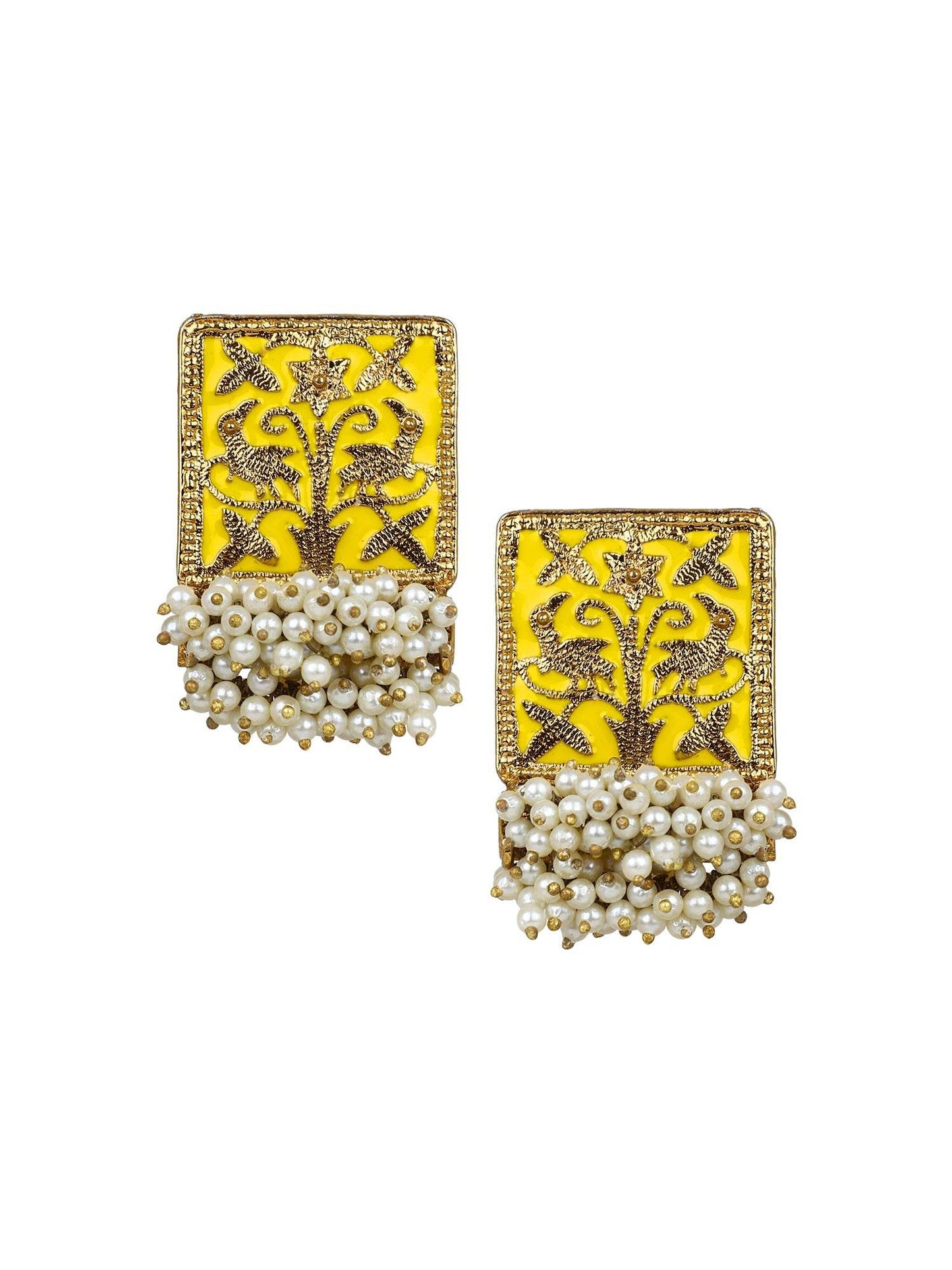 Enamel Earring with Gajra Pearl Border by T4 Jewels Yellow T4 Jewels
