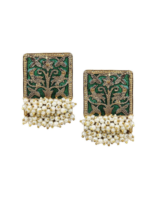 Enamel Earring with Gajra Pearl Border by T4 Jewels Green T4 Jewels