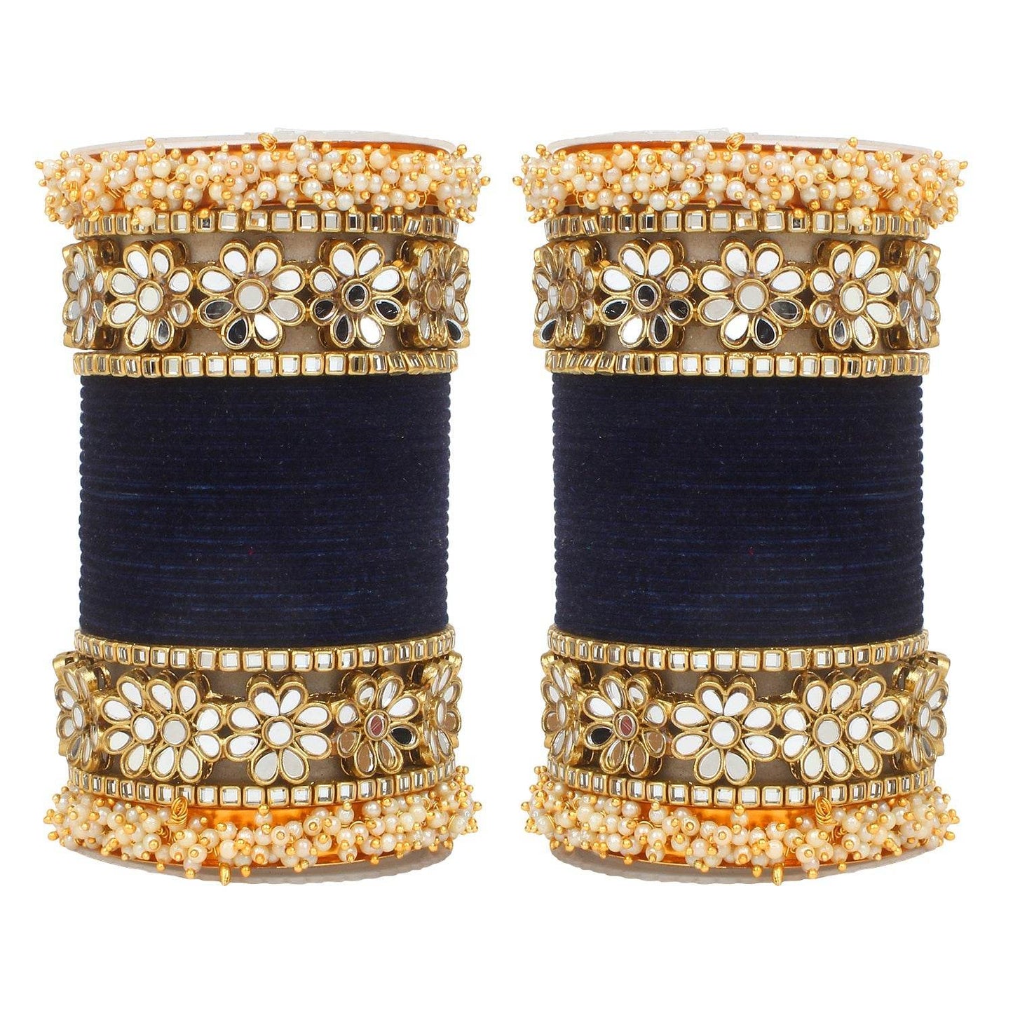 Flower Mirror Bangle Set with Velvet Bangles by T4 Jewels Black Blue All Bangle Sets T4 Jewels