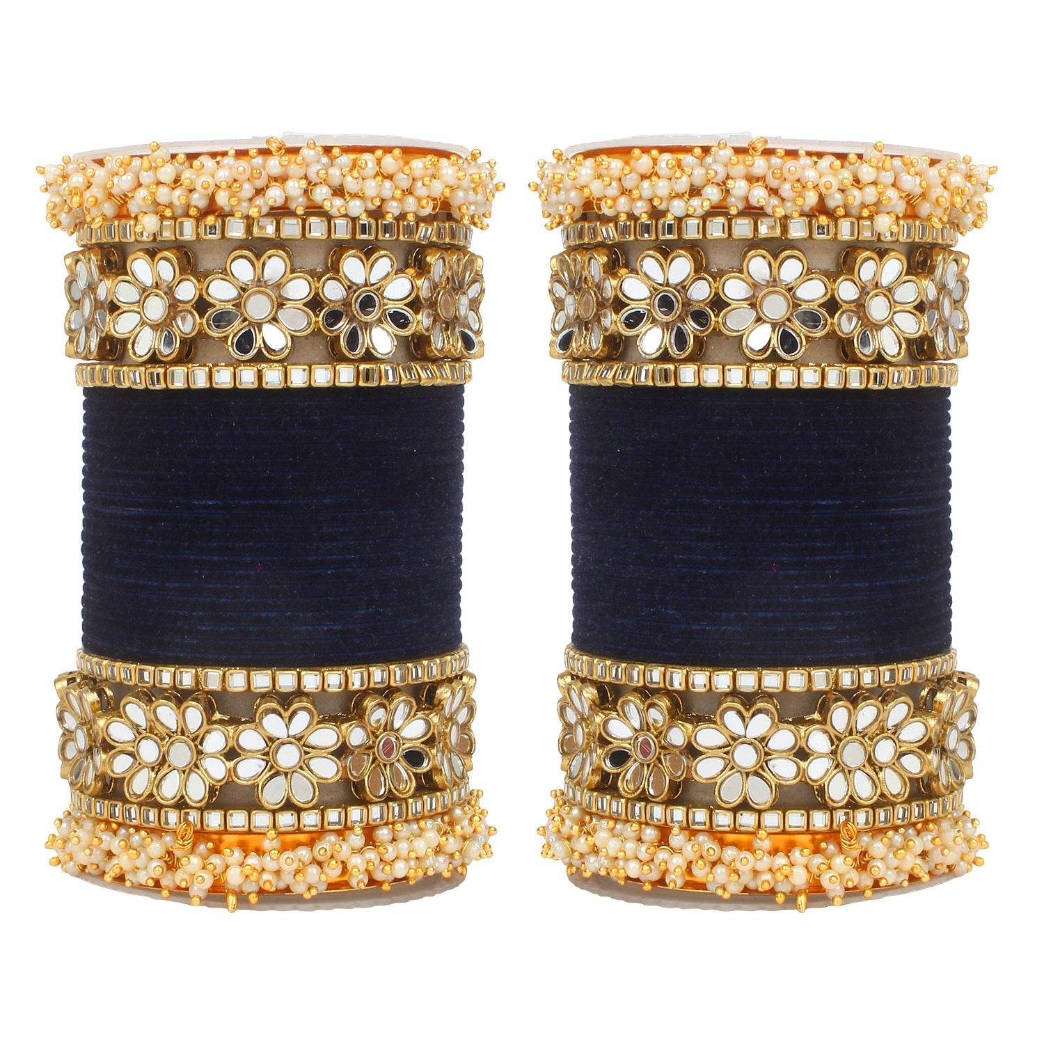 Flower Mirror Bangle Set with Velvet Bangles by T4 Jewels Black Blue All Bangle Sets T4 Jewels
