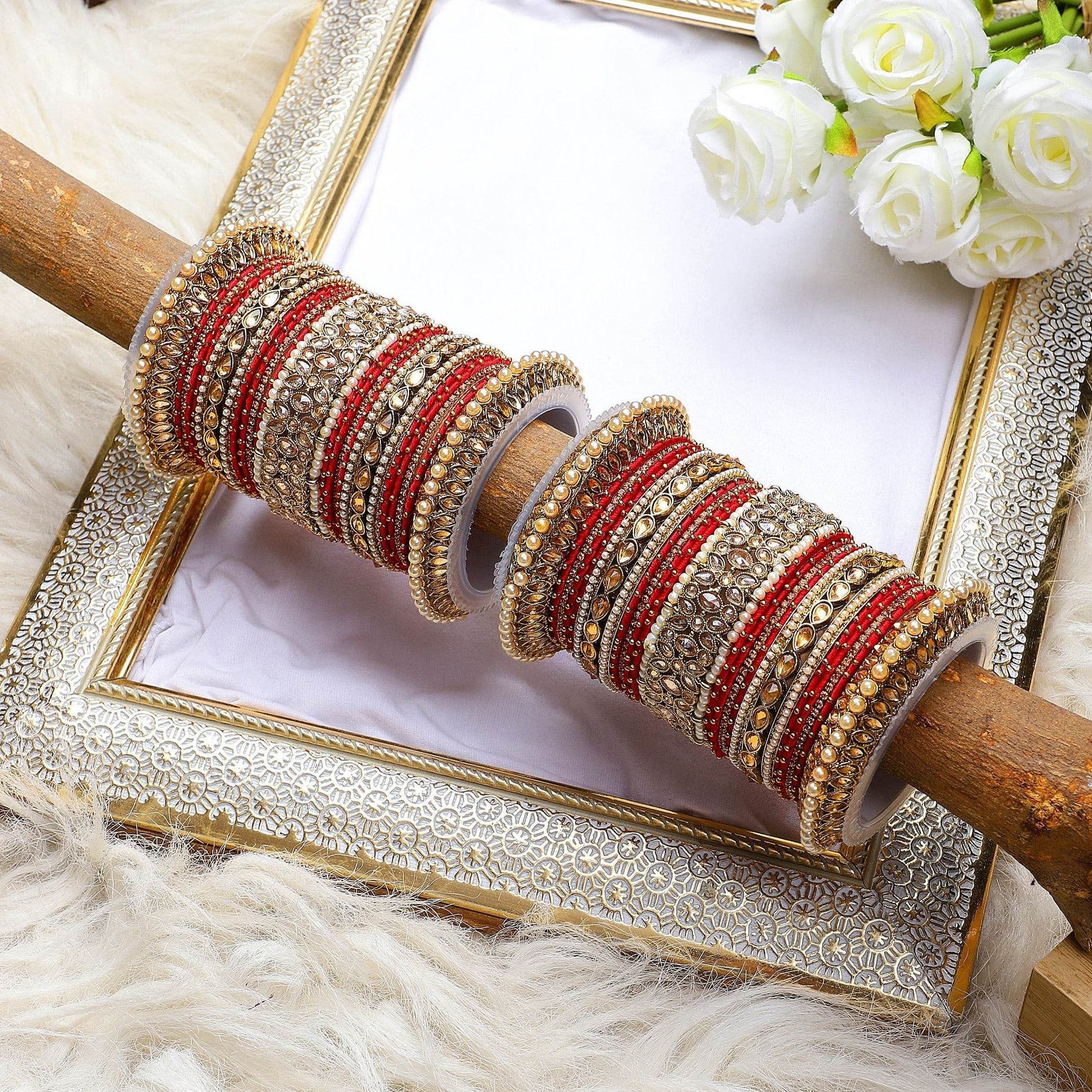 Beautiful Bridal Bangle Set with Pacheli Kada by T4 Jewels Red All Bangle Sets T4 Jewels