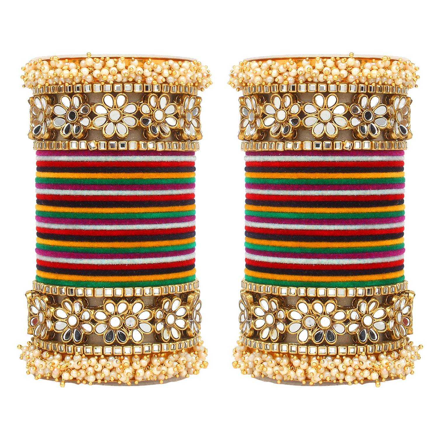 Flower Mirror Bangle Set with Velvet Bangles by T4 Jewels Multi All Bangle Sets T4 Jewels