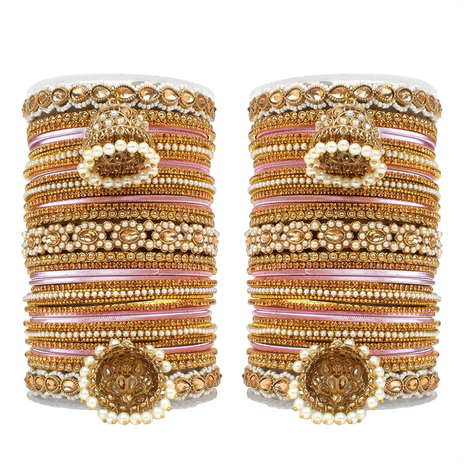 Set of 2 Rich Texture bangle set with Jhumki Borders by T4 Jewels Pink All Bangle Sets T4 Jewels