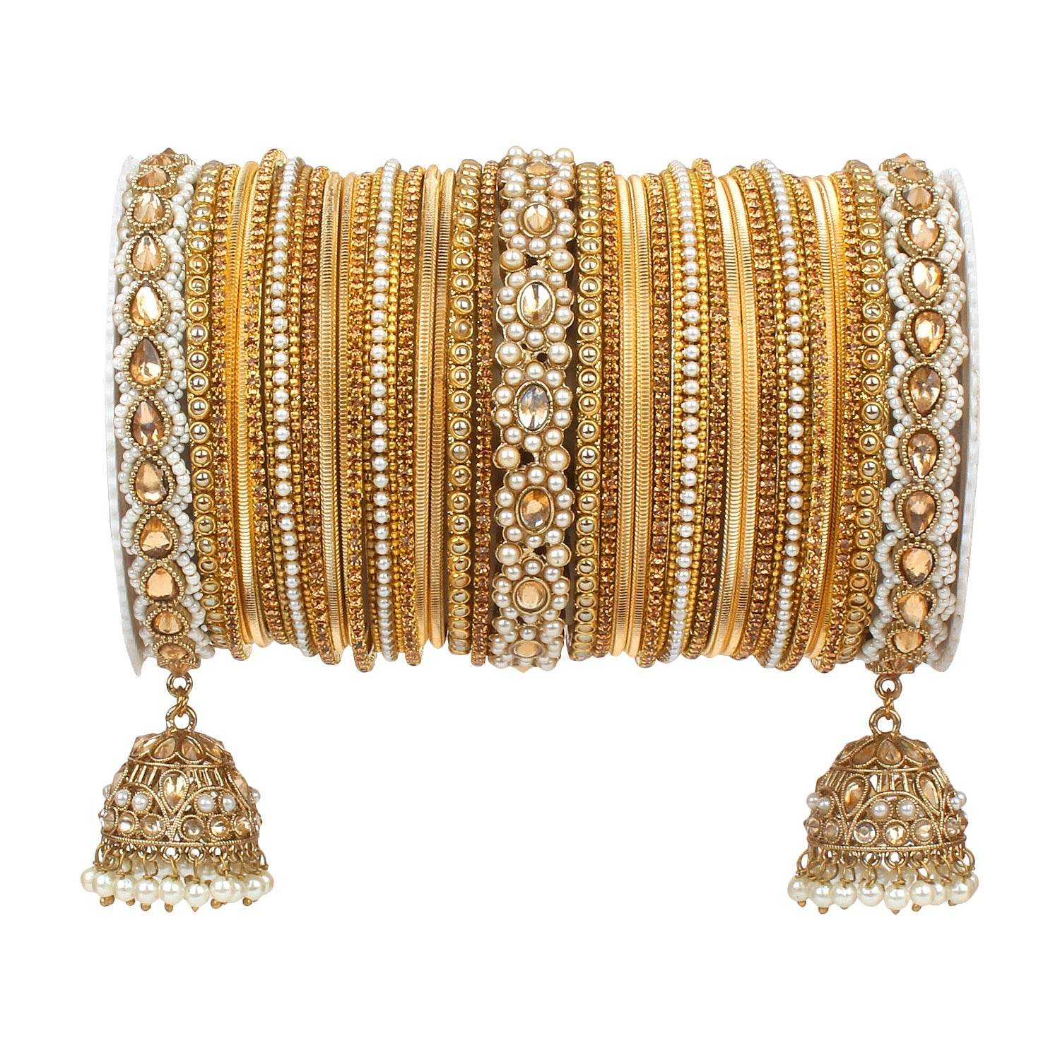 Rich Texture bangle set with Jhumki Borders by T4 Jewels for One Hand Golden All Bangle Sets T4 Jewels