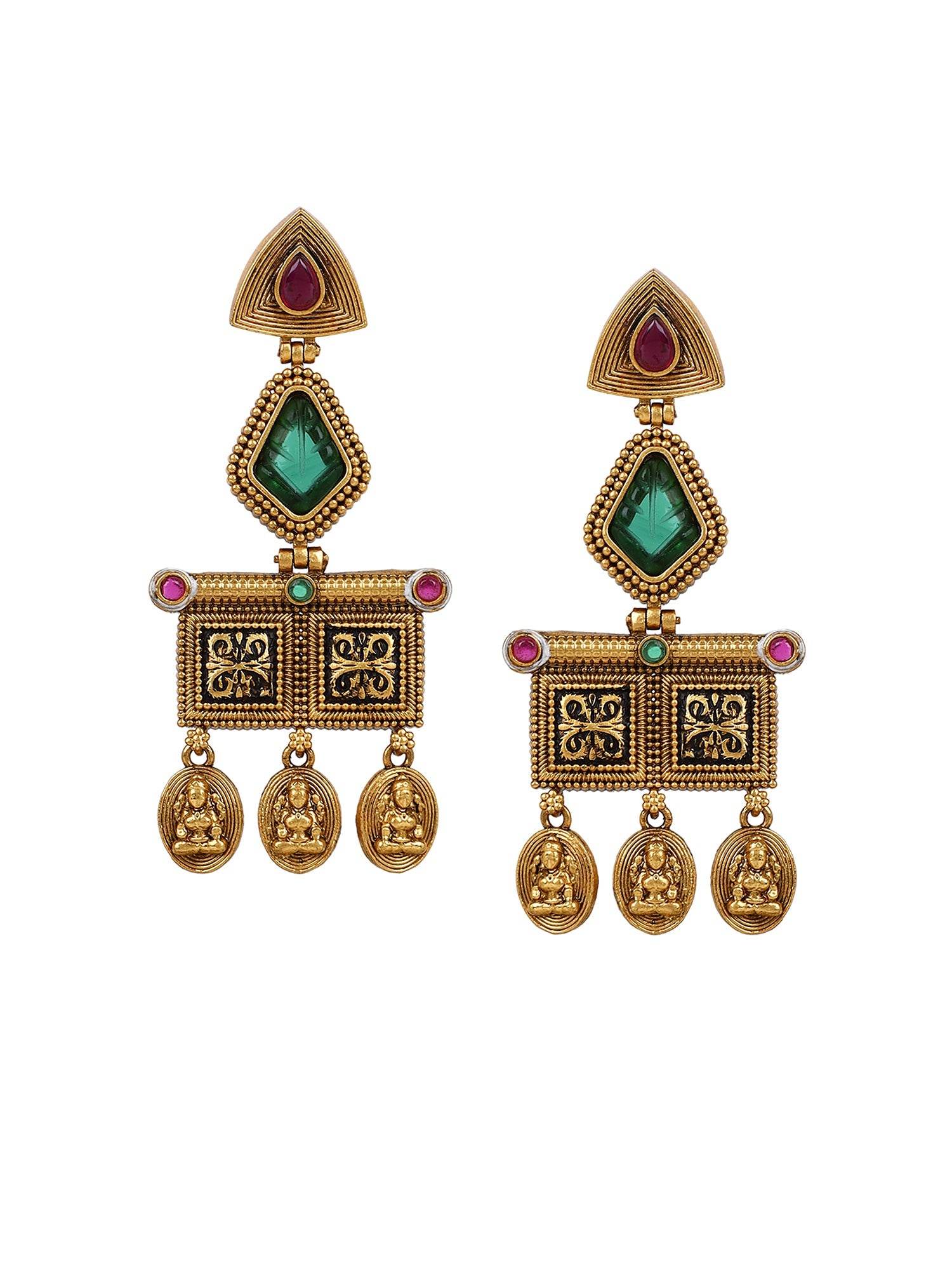 Temple Jewellery Earring with Goddess Symbol Drops by T4 Jewels Green T4 Jewels