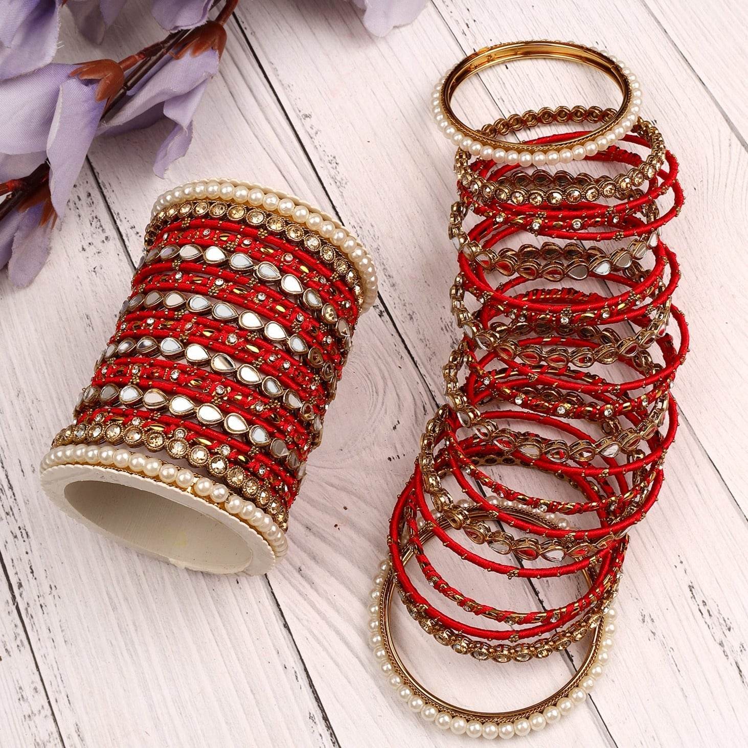 Bangle Set with Drop Mirror Kada and Pearl by T4 Jewels Red All Bangle Sets T4 Jewels