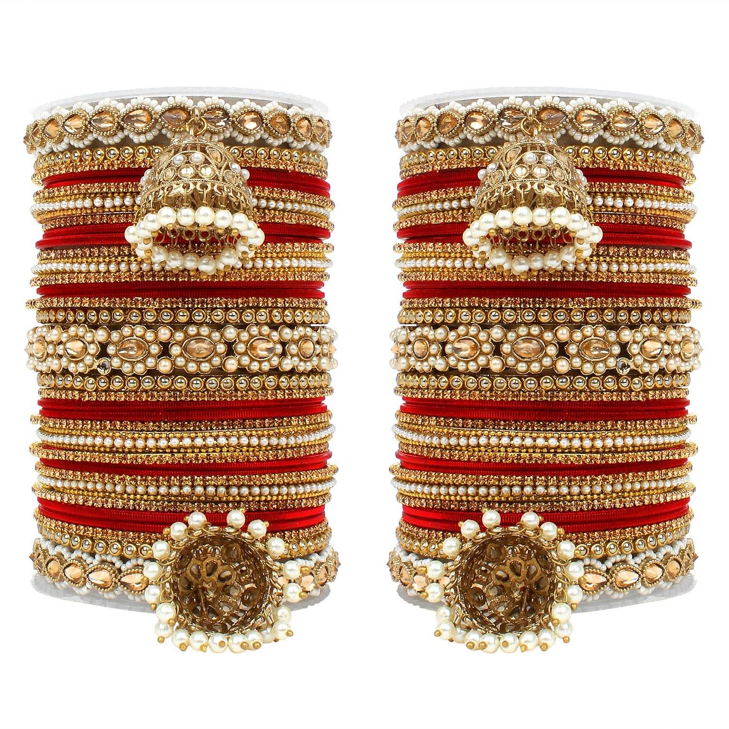 Set of 2 Rich Texture bangle set with Jhumki Borders by T4 Jewels Red All Bangle Sets T4 Jewels