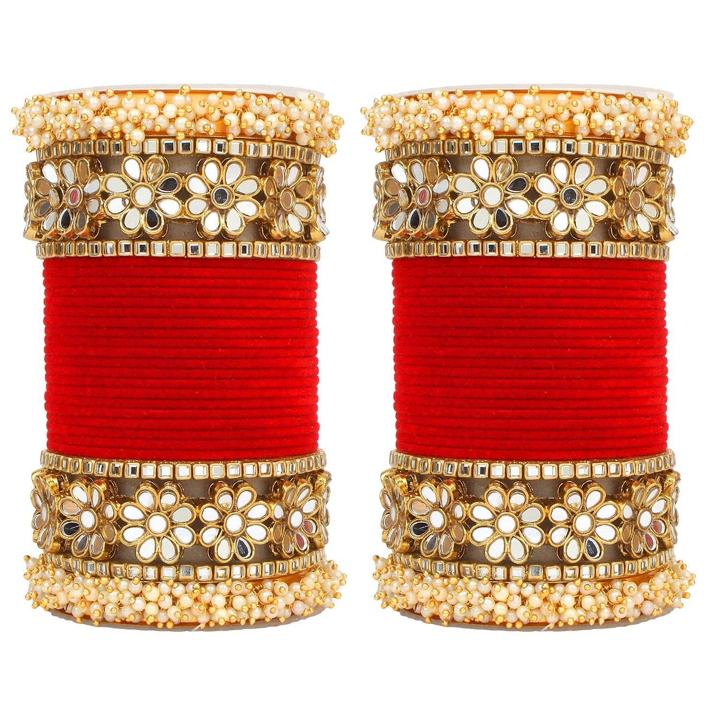 Flower Mirror Bangle Set with Velvet Bangles by T4 Jewels Red All Bangle Sets T4 Jewels