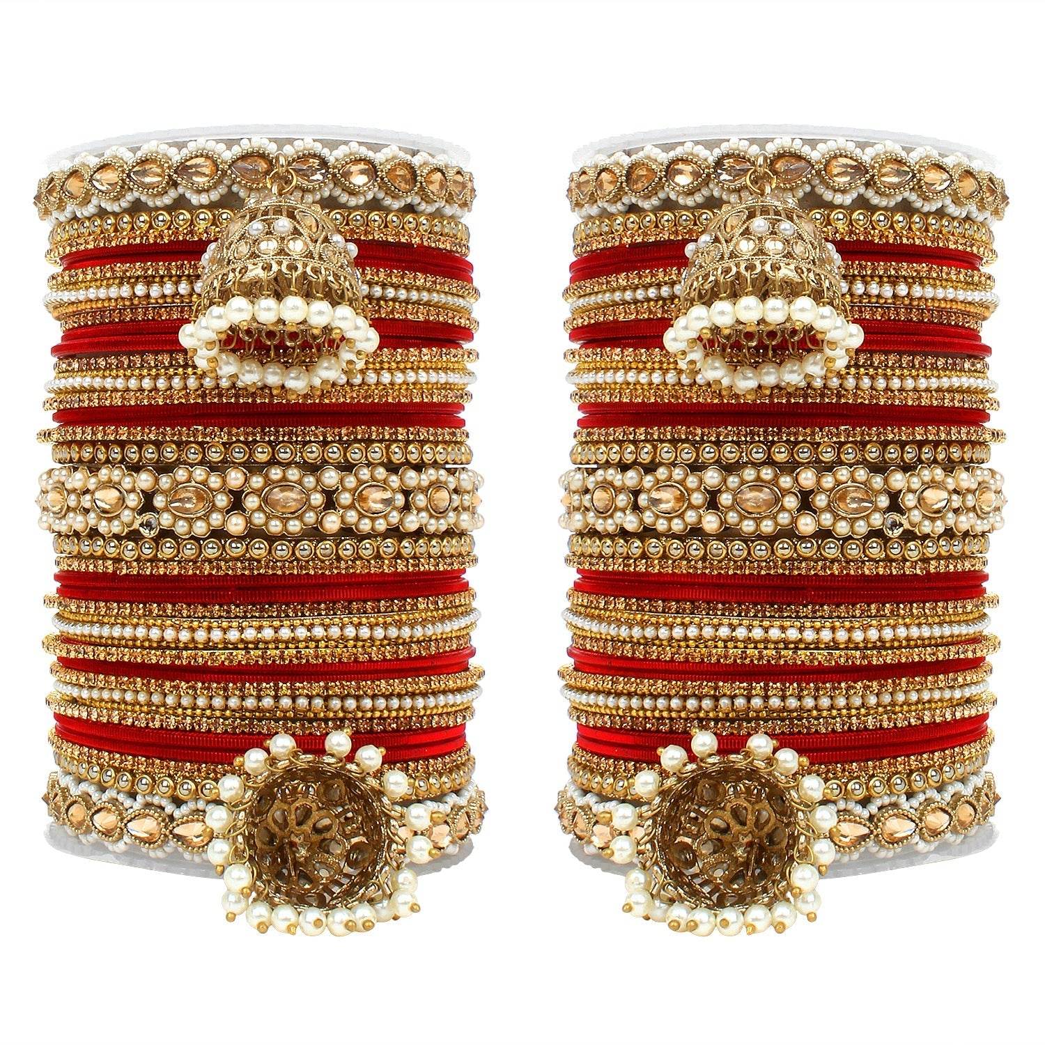 Set of 2 Rich Texture bangle set with Jhumki Borders by T4 Jewels Red All Bangle Sets T4 Jewels