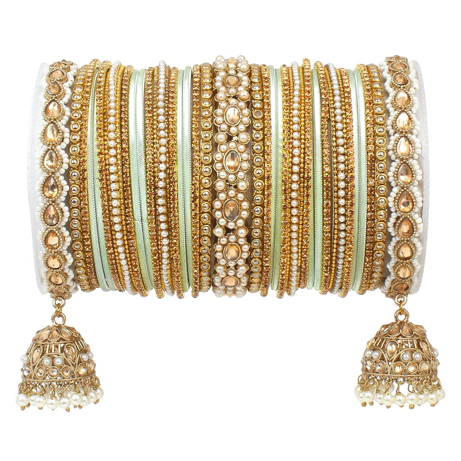 Rich Texture bangle set with Jhumki Borders by T4 Jewels for One Hand Pista All Bangle Sets T4 Jewels