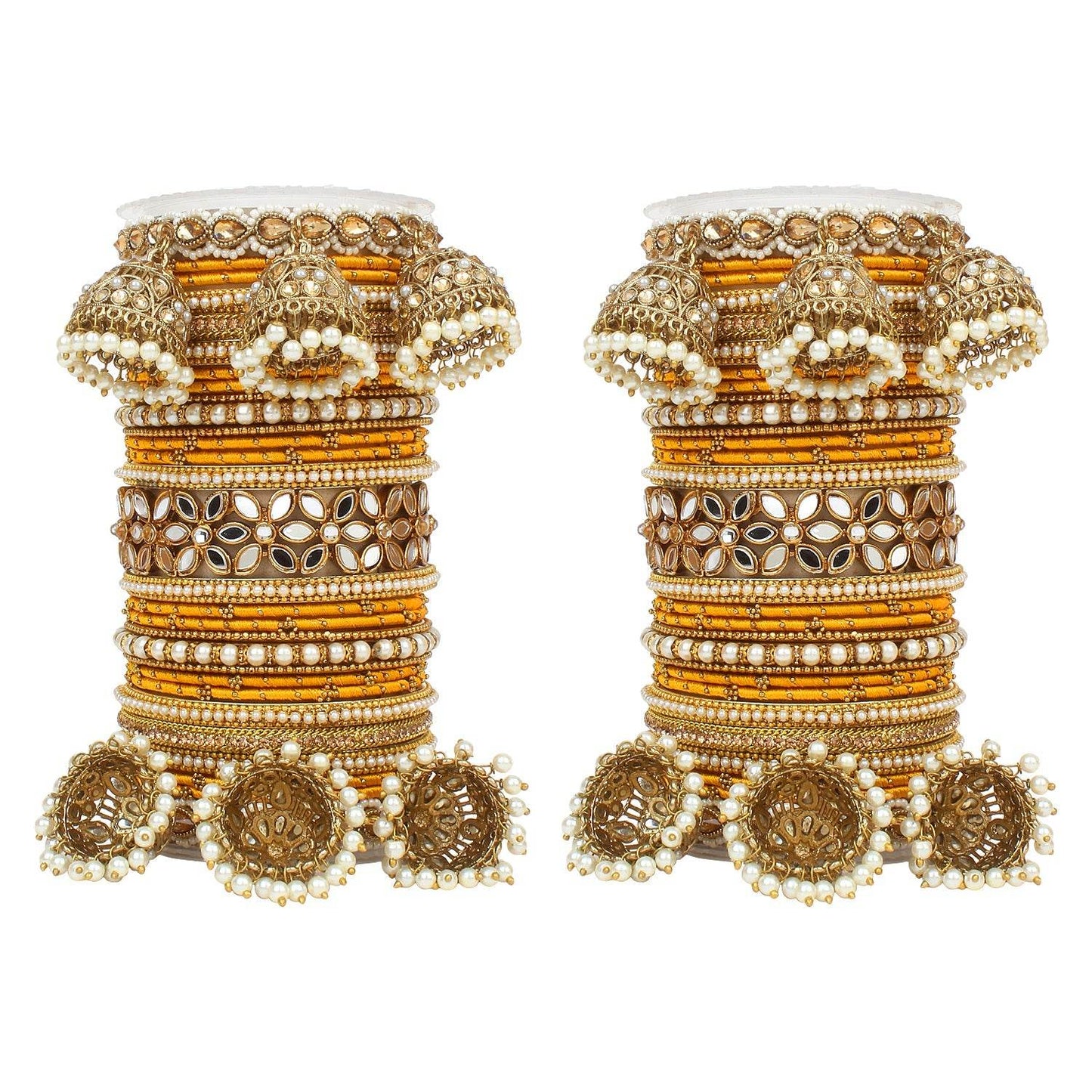 Traditional Jhumki Bangle Set with Thread Bangles and Mirror Kada Yellow All Bangle Sets T4 Jewels