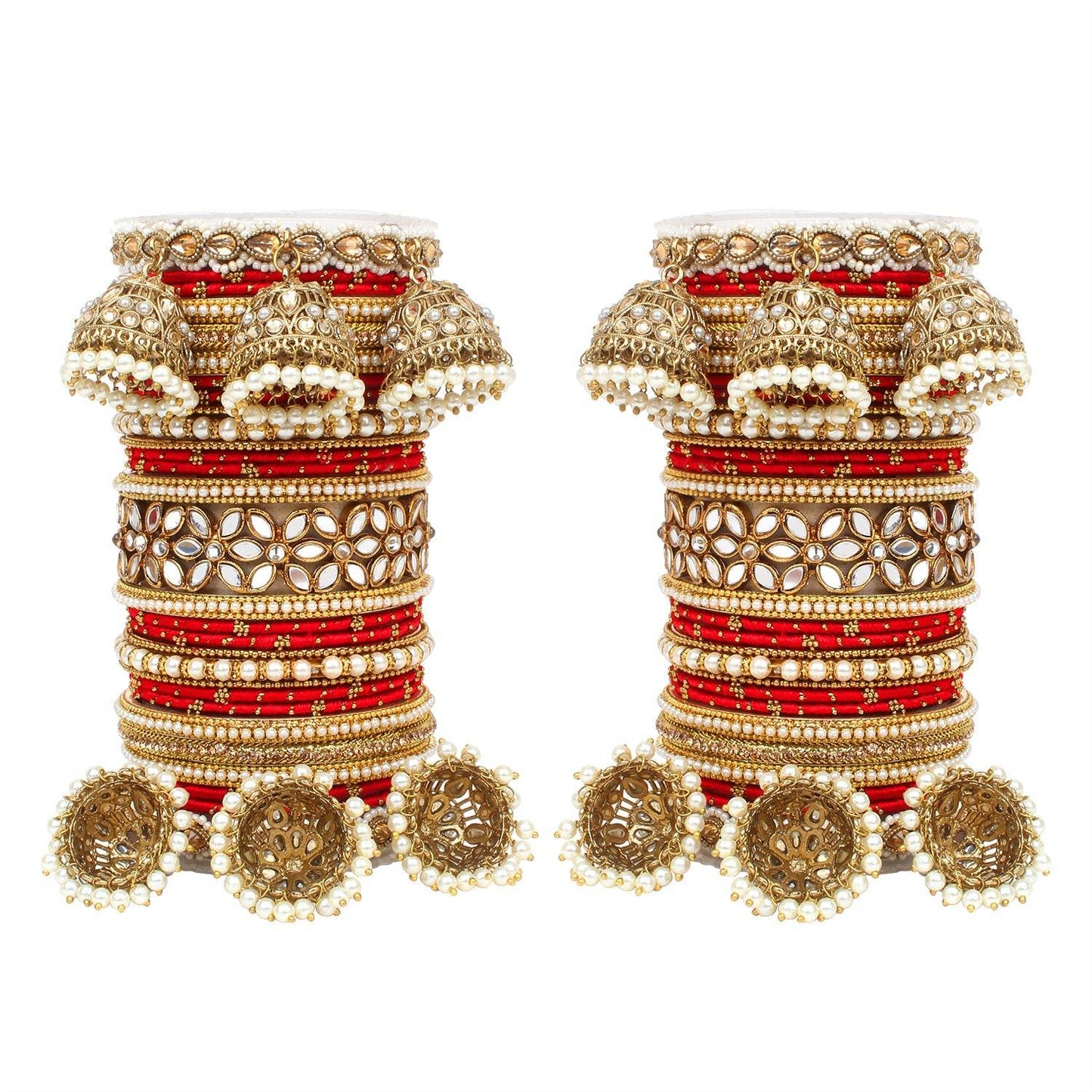 Traditional Jhumki Bangle Set with Thread Bangles and Mirror Kada Red All Bangle Sets T4 Jewels