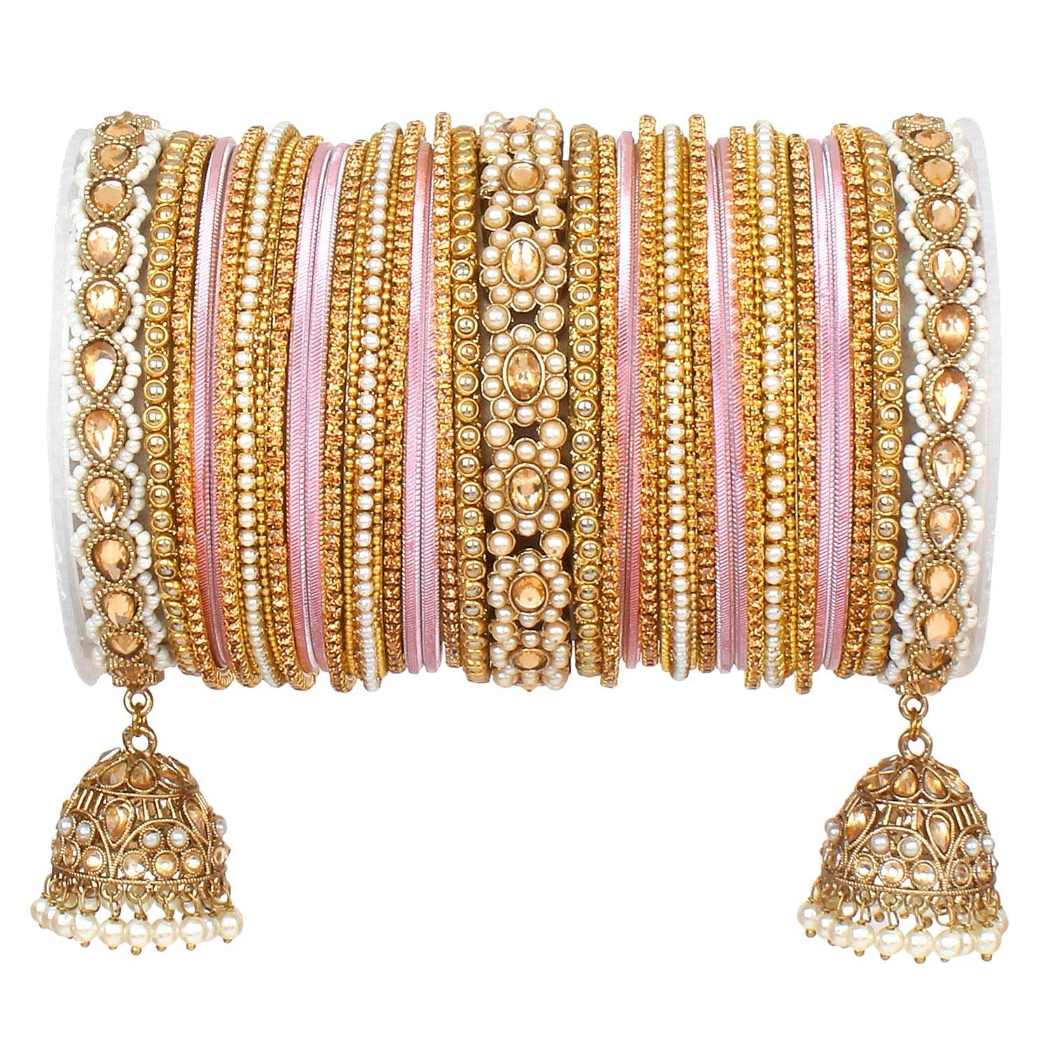 Rich Texture bangle set with Jhumki Borders by T4 Jewels for One Hand Pink All Bangle Sets T4 Jewels