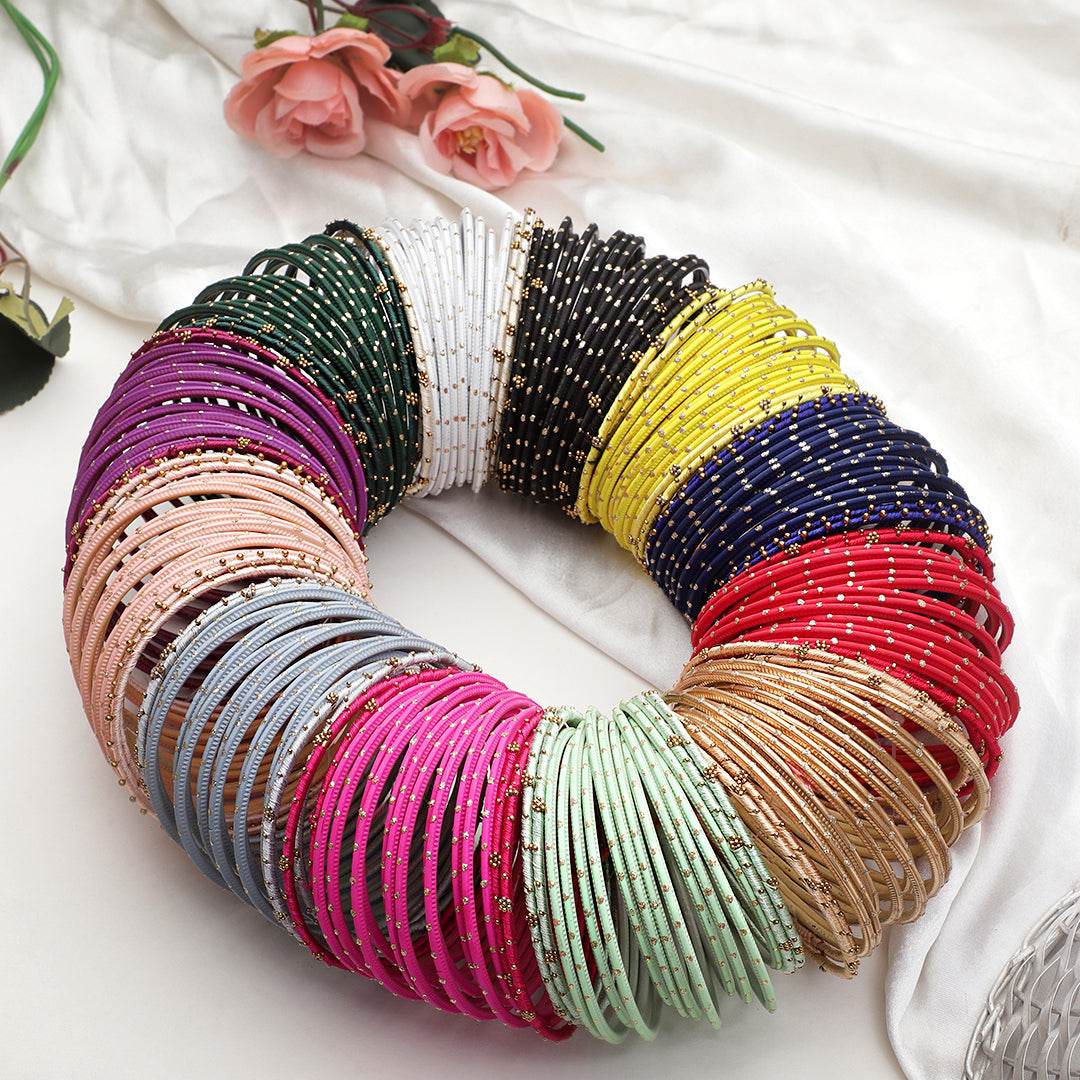 Colourful Bangle Bunch with Thread and Matte Bangles (12 Colours) Plain Metal Bangles T4 Jewels