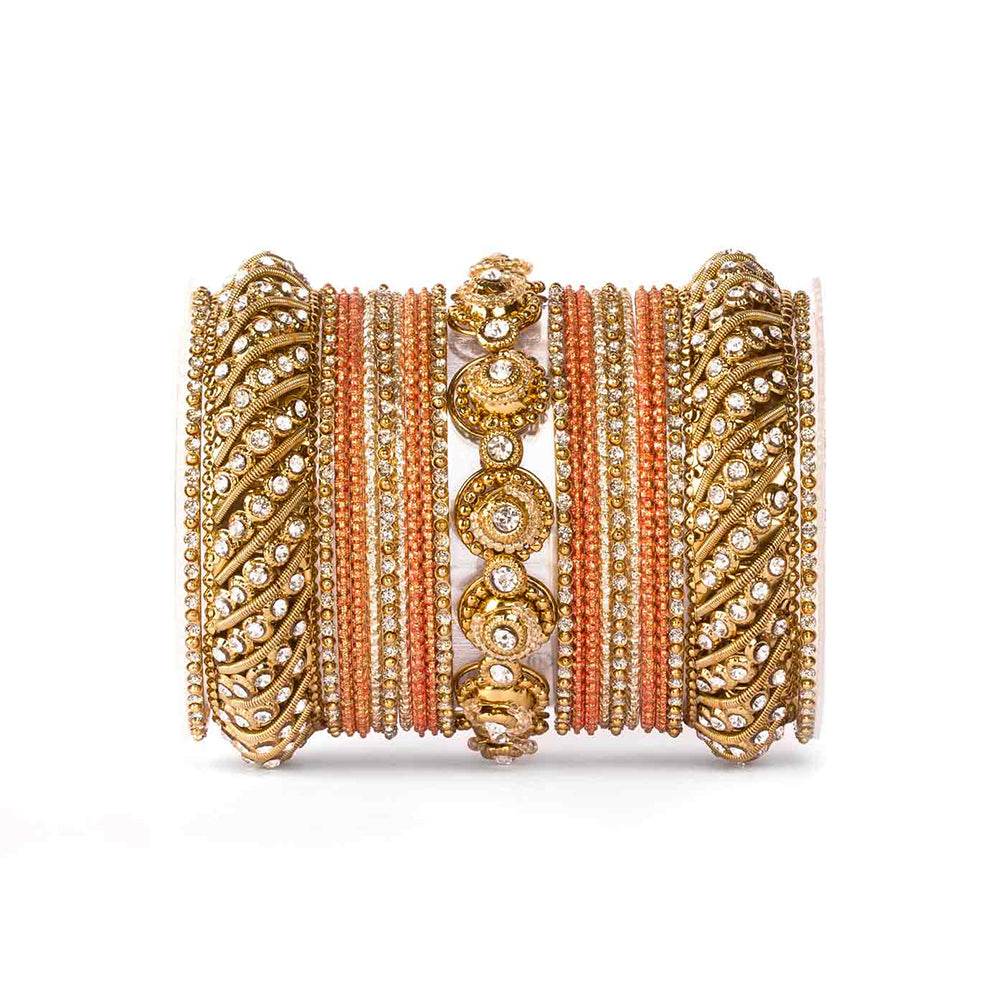 Traditional Colored Textured Bangle Set For Single Hand Golden-Orange All Bangle Sets T4 Jewels